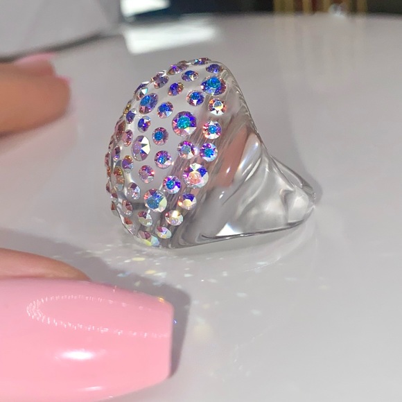Clear Acrylic Ring Embellished With Aurora borealis Swarovski Crystal stones. - Picture 5 of 12